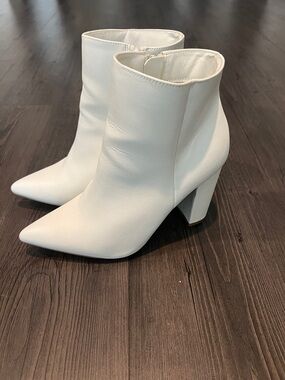 BAMBOO White Pointed Toe Block Heel Ankle Boots